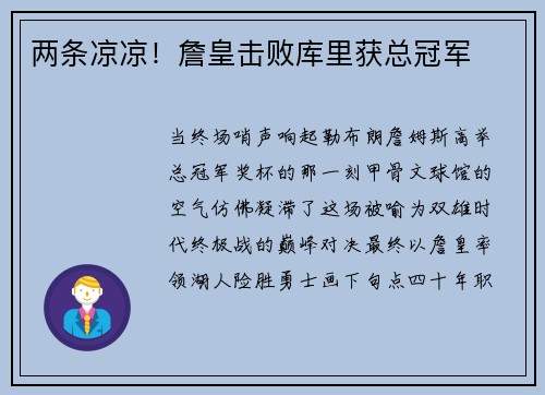 两条凉凉！詹皇击败库里获总冠军